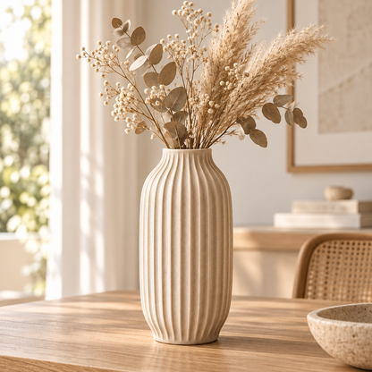 Brighthlier Ribbed Textured Decorative Vase – Minimal Cream Home Accent