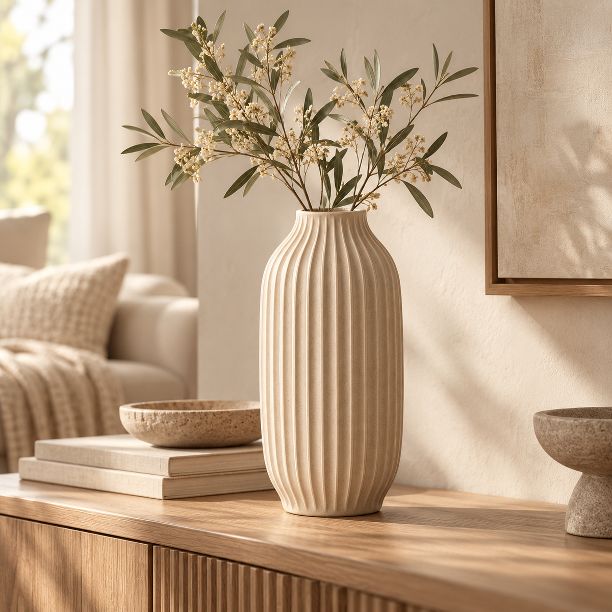 Brighthlier Ribbed Textured Decorative Vase – Minimal Cream Home Accent