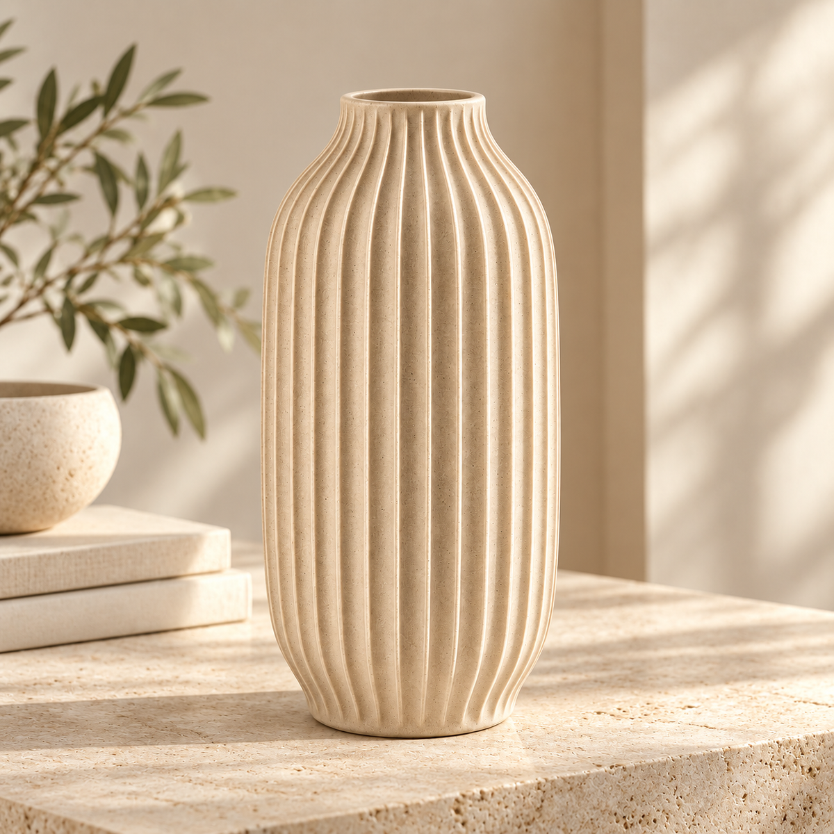 Brighthlier Ribbed Textured Decorative Vase – Minimal Cream Home Accent