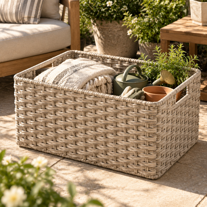 Brighthlier Woven Outdoor Storage Basket – Open Organizer with Carry Handles